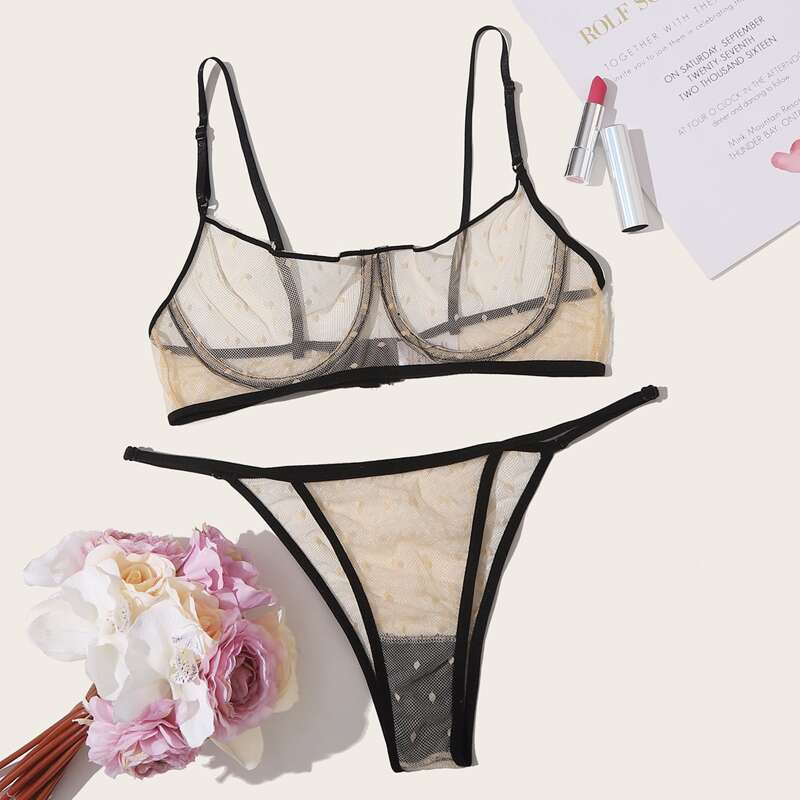 

Contrast Binding Underwire Mesh Lingerie Set, Multicolor