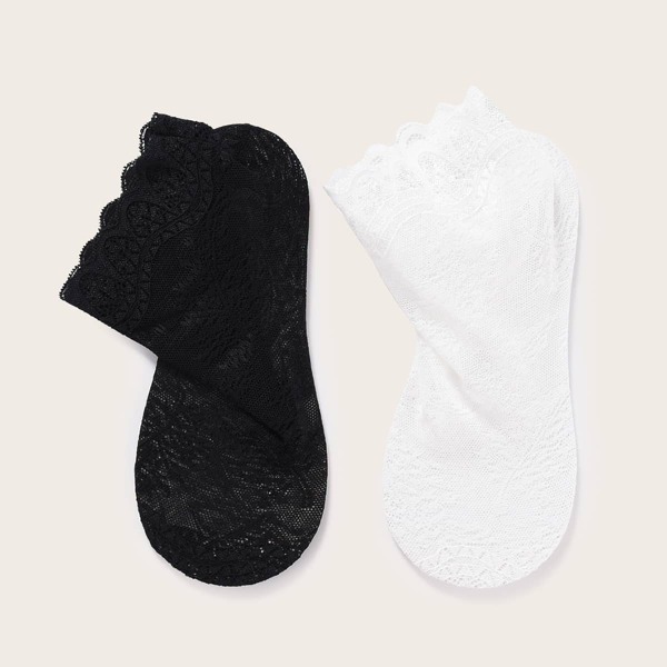 

2pairs Contrast Lace Socks, Black and white