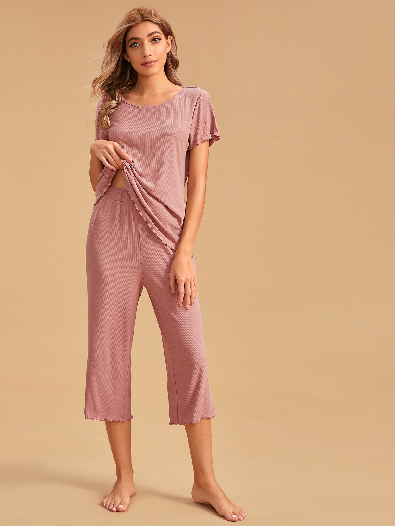 Solid Lettuce Trim Ribbed PJ Set thumbnail