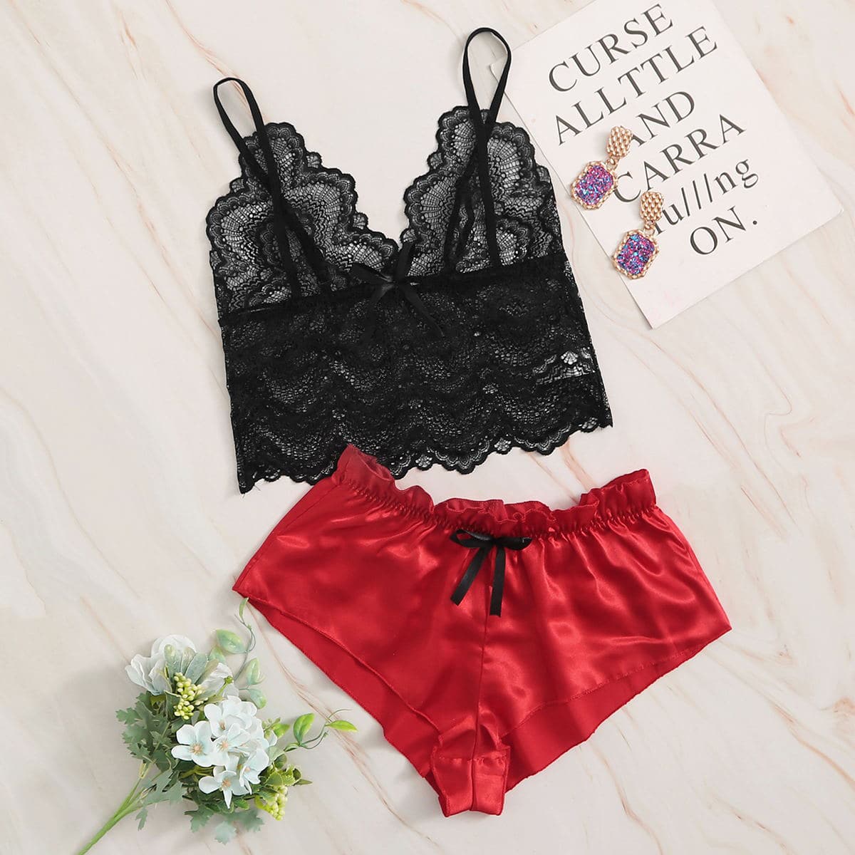 

Floral Lace Bralette With Satin Shorts, Multicolor