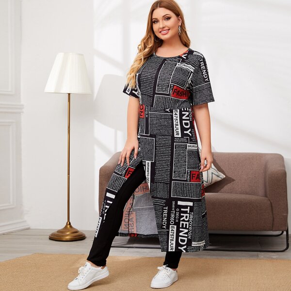 

Plus Allover Letter Graphic Split Longline Top With Pants, Black