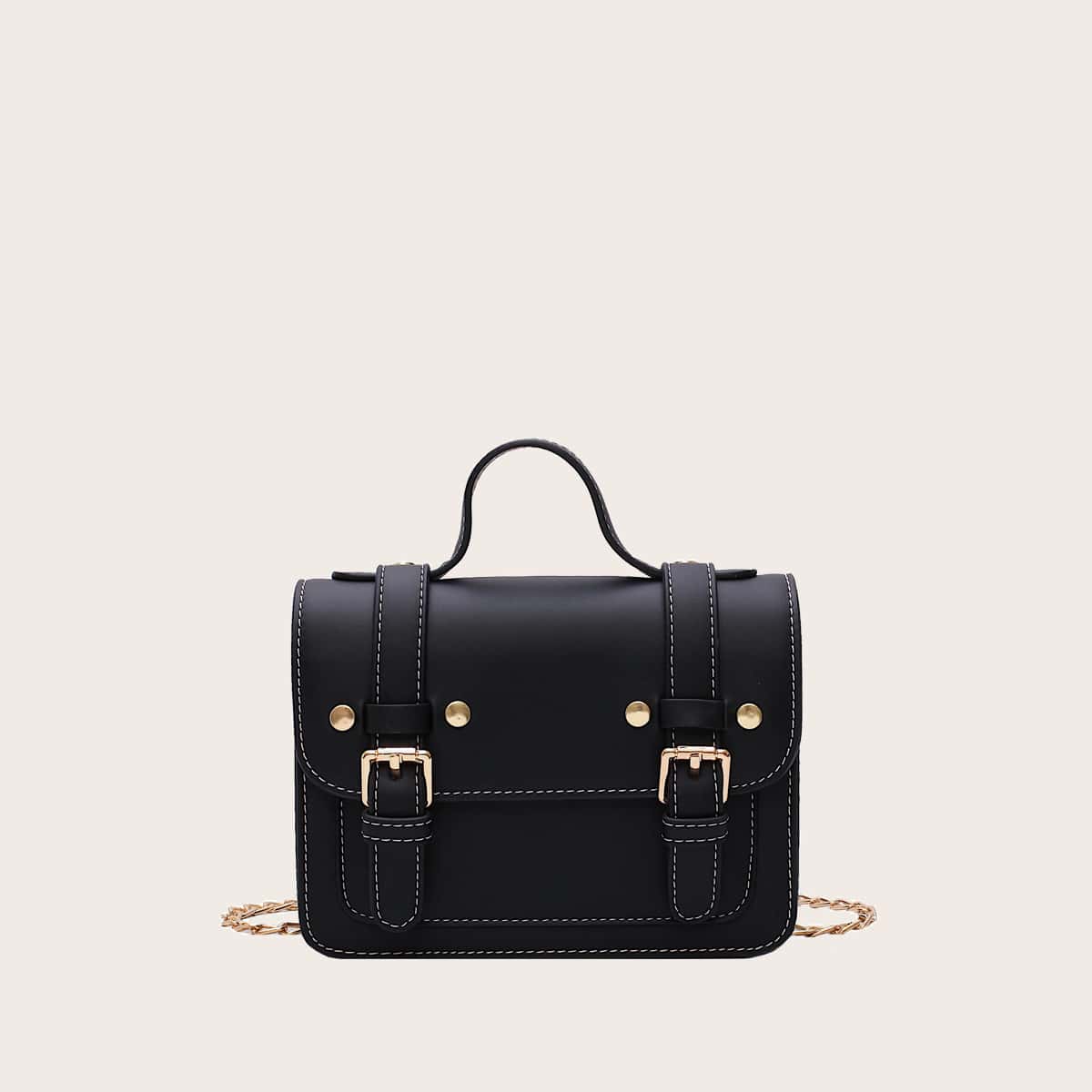 

Pin Buckle Flap Satchel Bag, Black