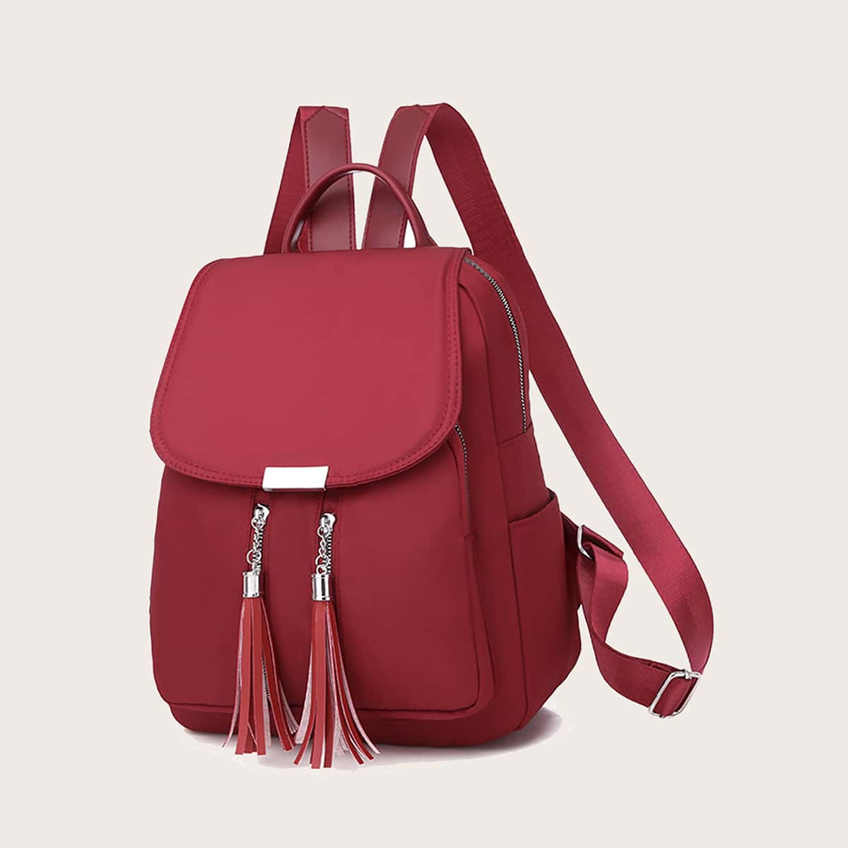 

Tassel Charm Flap Backpack, Red