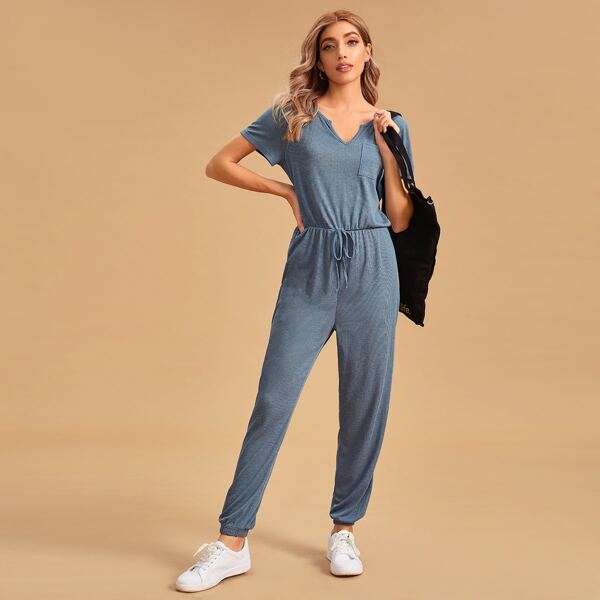 

Solid Knot Front Notched Neck Lounge Jumpsuit, Blue