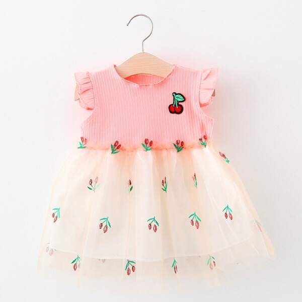 

Toddler Girls Mesh Panel Cherry Patched Smock Dress, Multicolor