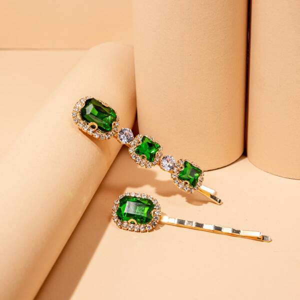 

2pcs Gemstone Engraved Bobby Pin, Green