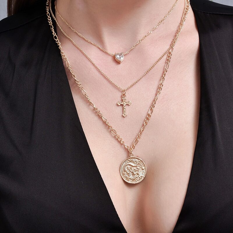 

Cross Charm Layered Necklace, Gold