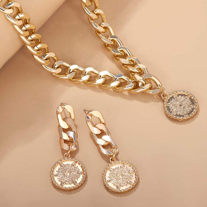 

1pair Round Drop Earrings & 1pc Necklace, Gold