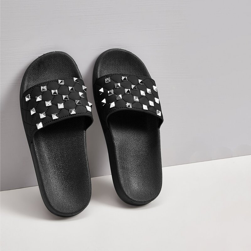

Studded Decor Quilted Sliders, Black