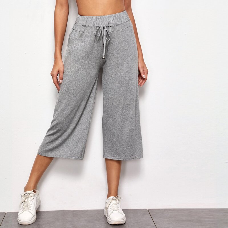 

Drawstring Waist Wide Leg Capris Pants, Grey