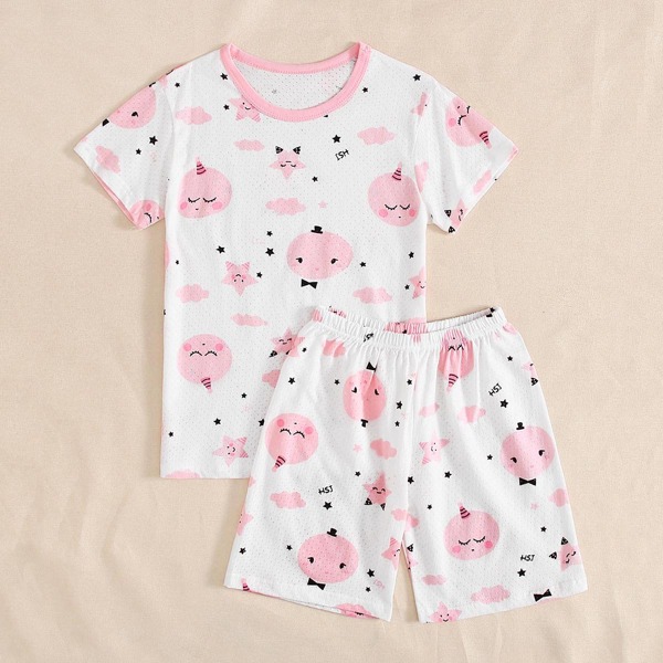 

Girls Contrast Binding Cartoon Graphic PJ Set, White