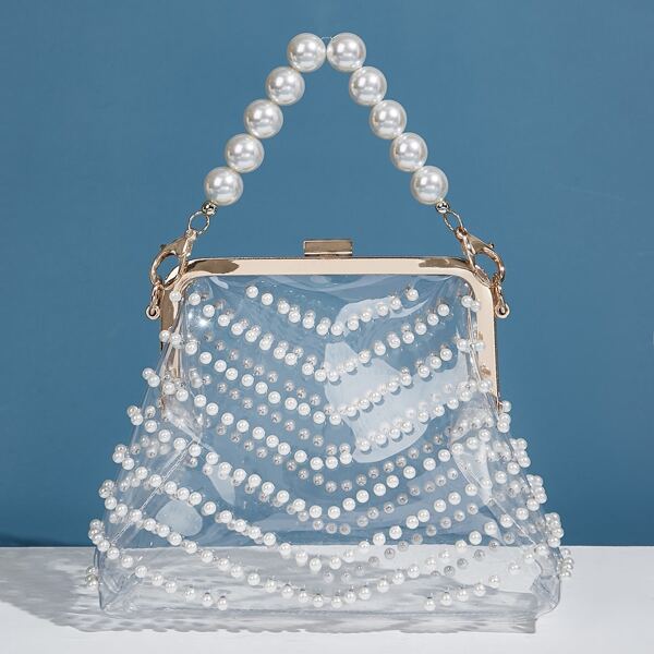 

Clear Faux Pearl Decor Clutch Bag