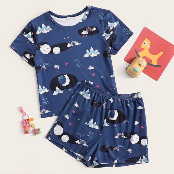 

Girls Graphic Print Top and Shorts PJ Set, Blue