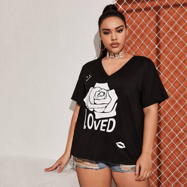 

Plus Letter & Floral Print Tee, Black