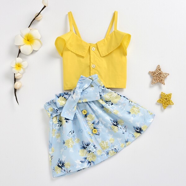

Toddler Girls Shirred Back Cami Top & Floral Print Belted Skirt, Multicolor