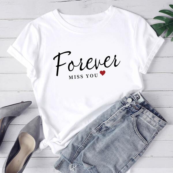 

Slogan And Heart Graphic Round Neck Tee, White