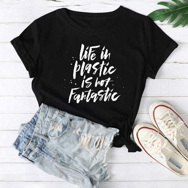 

Slogan Graphic Round Neck Tee, Black
