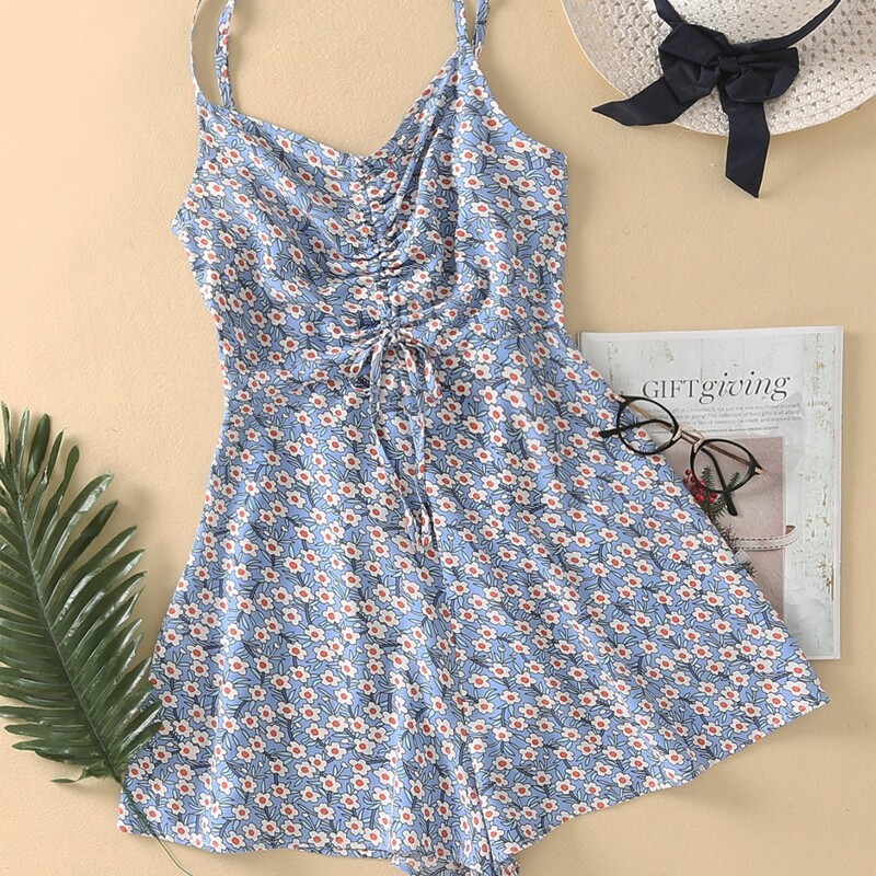 

Ditsy Floral Tie Front Cami Romper, Blue