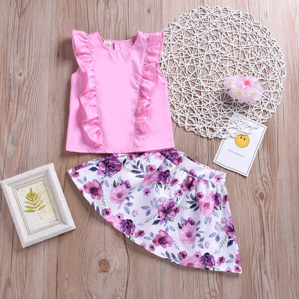 

Цветочная юбка и топ с пуговицами, оборками для девочек, Многоцветный