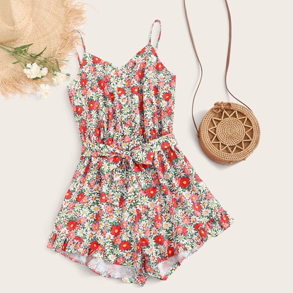 

Plus Daisy Floral Half Button Belted Cami Romper, Multicolor