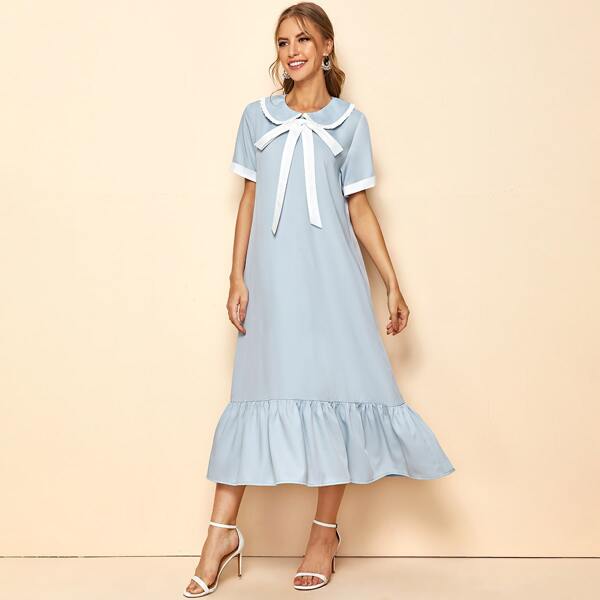 

Peter Pan Collar Tie Front Ruffle Hem Dress, Blue