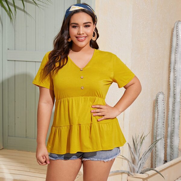 

Plus Ruffle Hem V-neck Solid Tee, Yellow