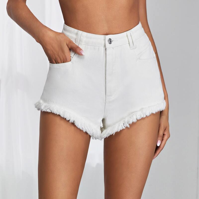 

Raw Hem Ripped Denim Shorts Without Belt, White