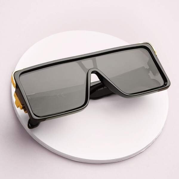 

Metal Detail Large Acrylic Retro Square Sunglasses, Black