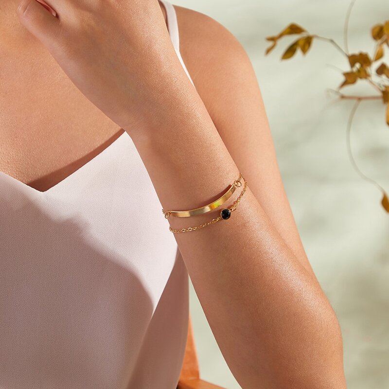 

1pc Curved Bar & Gemstone Decor Chain Bracelet, Gold