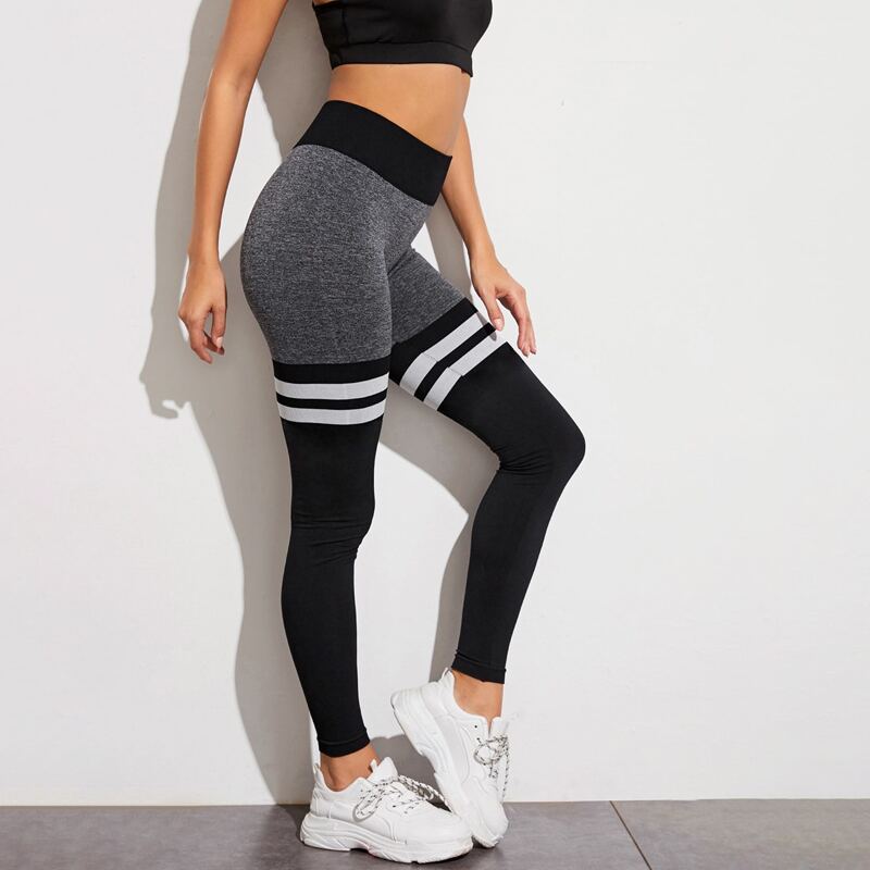 

Contrast Panel Stripe Print Sports Leggings, Black