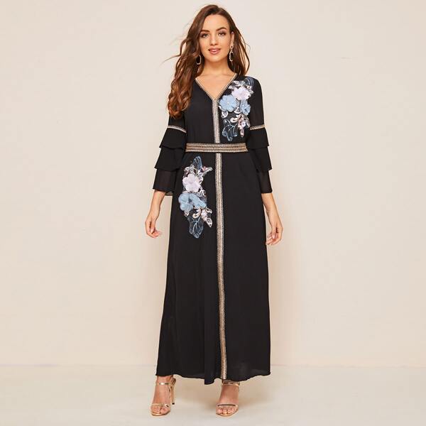 

Layered Sleeve Lace Trim Appliques Front Dress, Black