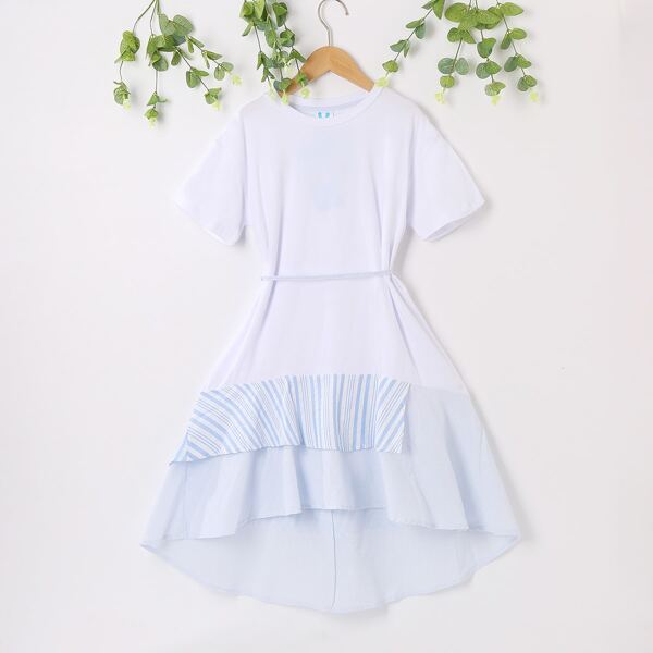 

Girls Striped Belted Layered Hem Dress, White