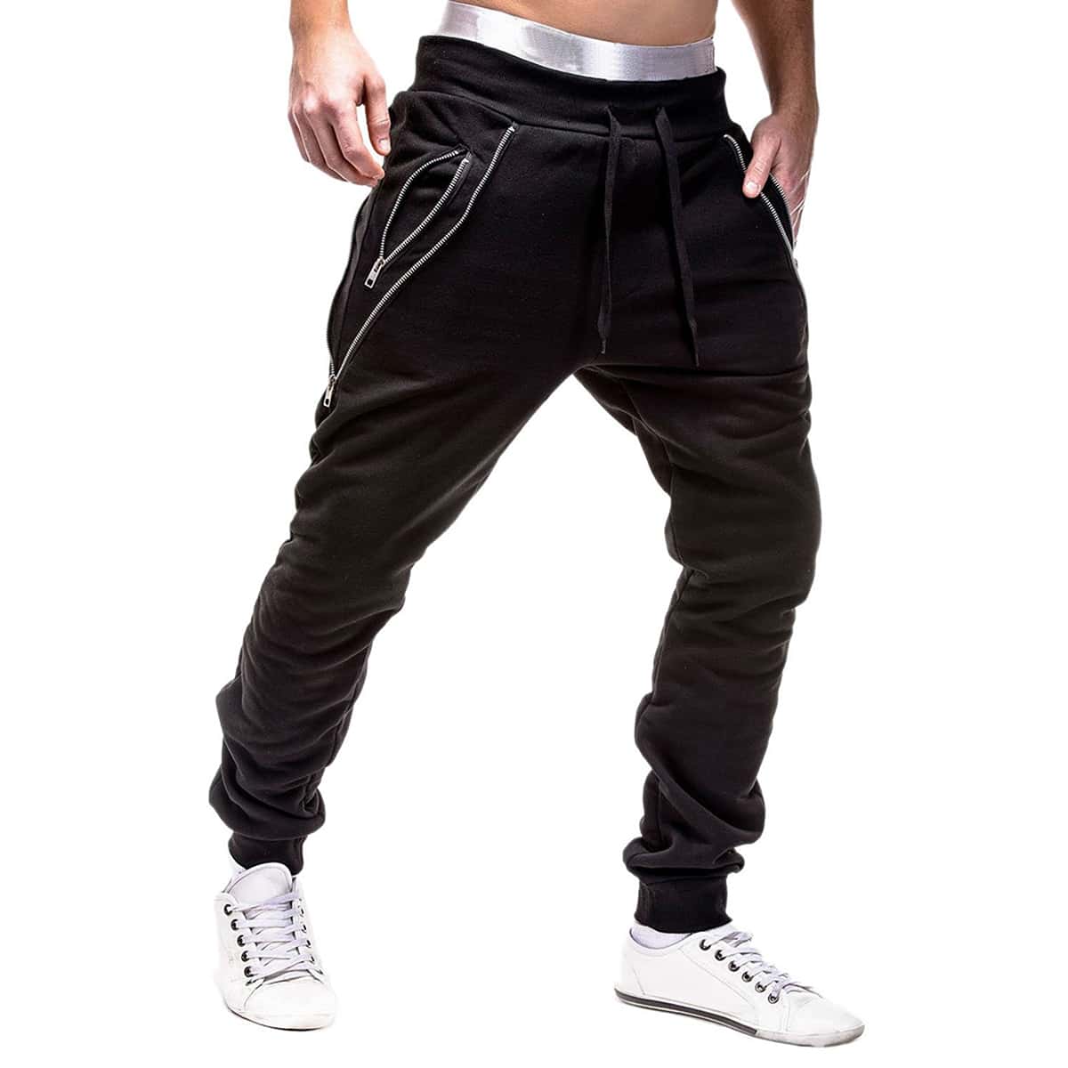 

Guys Zipper Slant Pocket Drawstring Sweatpants, Black