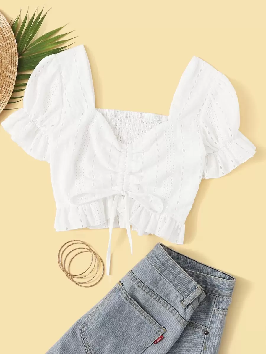 Camisa peplum con cordón con bordado con ojal - Blanco - Ver 1