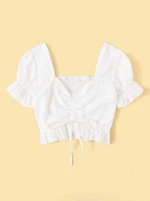 Camisa peplum con cordón con bordado con ojal - Blanco - Ver 3