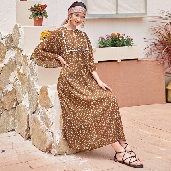 

Keyhole Neckline Ditsy Floral Print Dress, Brown
