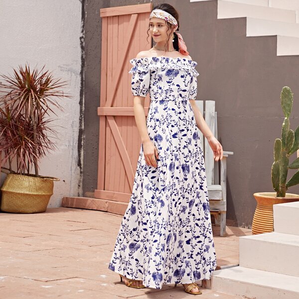 

Allover Plants Frill Trim Maxi Bardot Dress, White