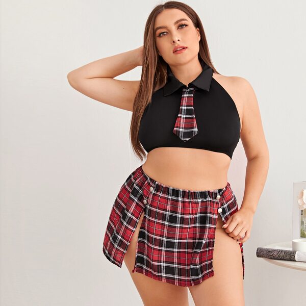 

3pack Plus Tartan School Costume Set With Thong, Multicolor