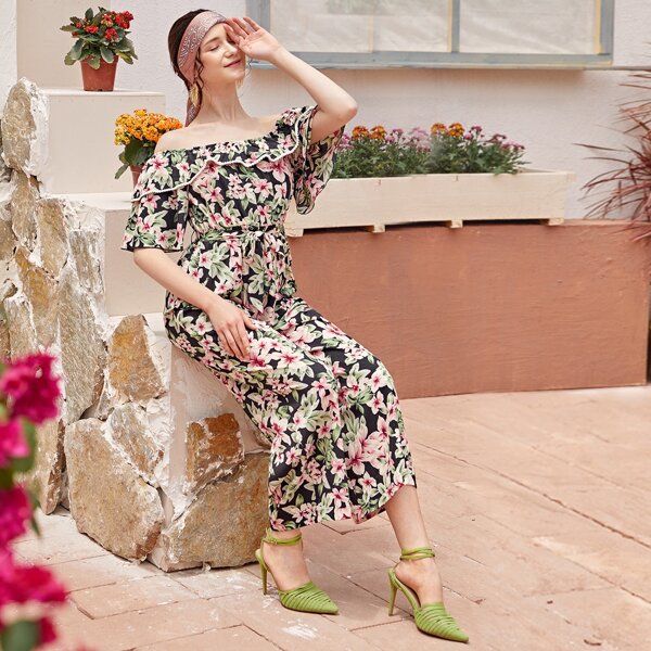 

Off-shoulder Allover Floral Belted Jumpsuit, Multicolor