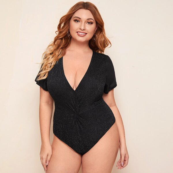 

Plus Plunging Neck Glitter Bodysuit, Black
