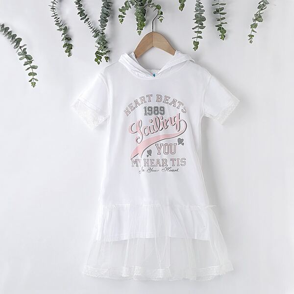

Girls Letter Graphic Contrast Mesh Hooded Dress, White
