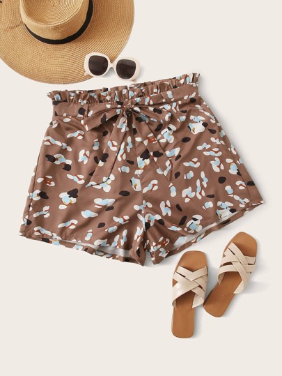 Plus Allover Print Paperbag Waist Belted Shorts