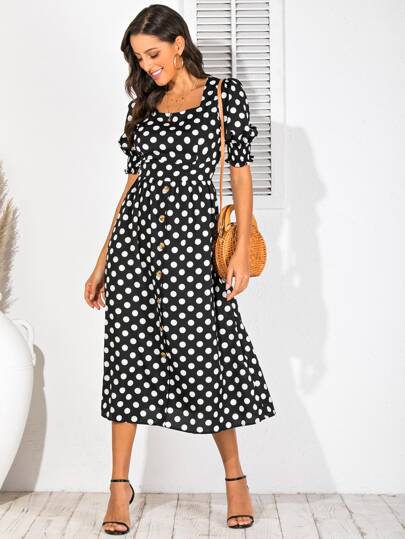 Polka Dot Square Neck Shirred Puff Sleeve Dress