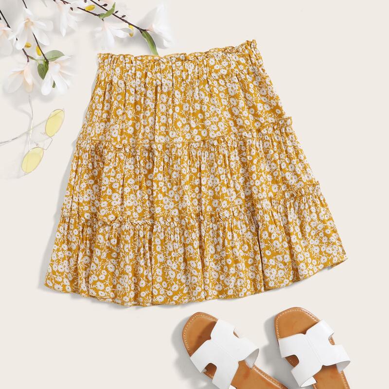

Ditsy Floral Print Layered Skirt, Yellow