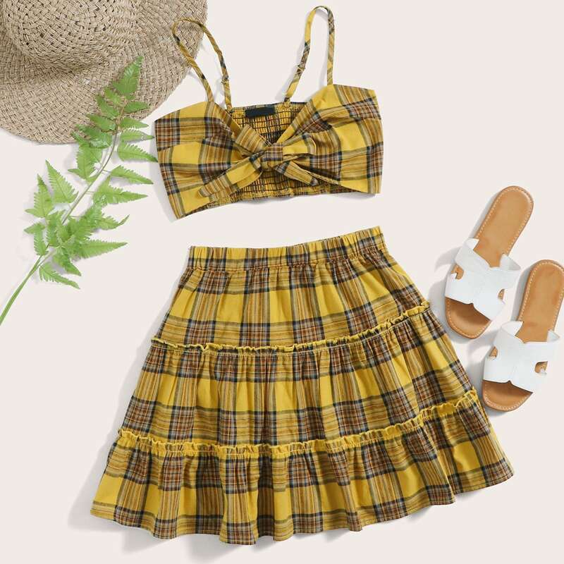

Tie Front Shirred Back Crop Cami Top and Tiered Skirt Set, Yellow