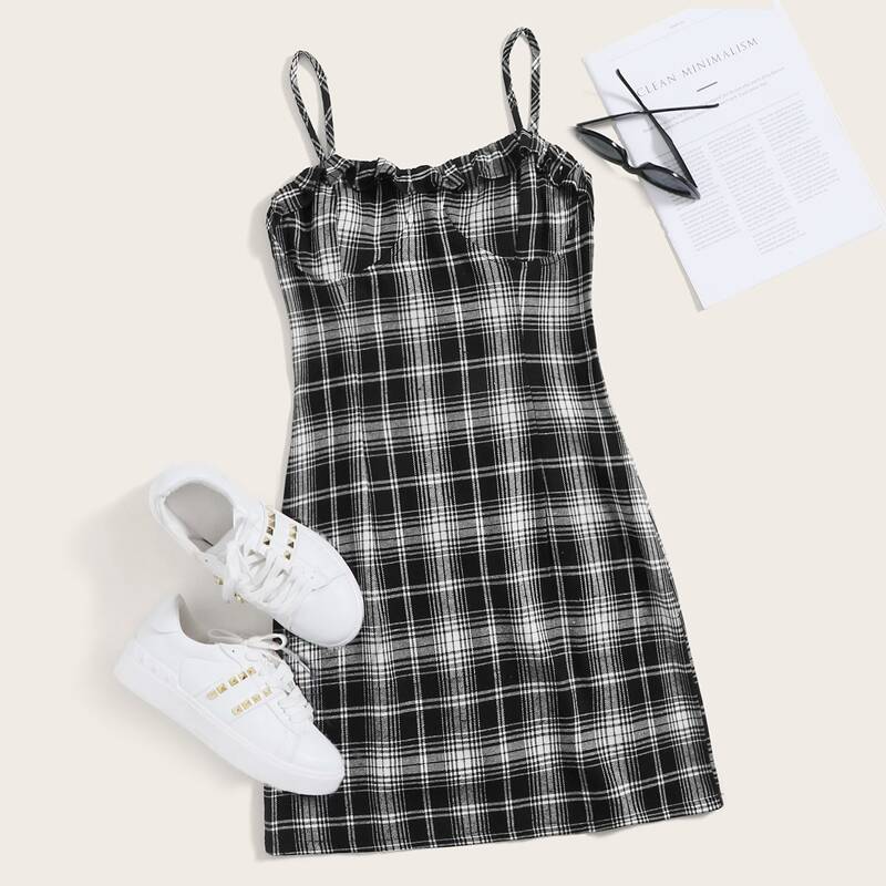 

Plaid Bustier Cami Dress, Black