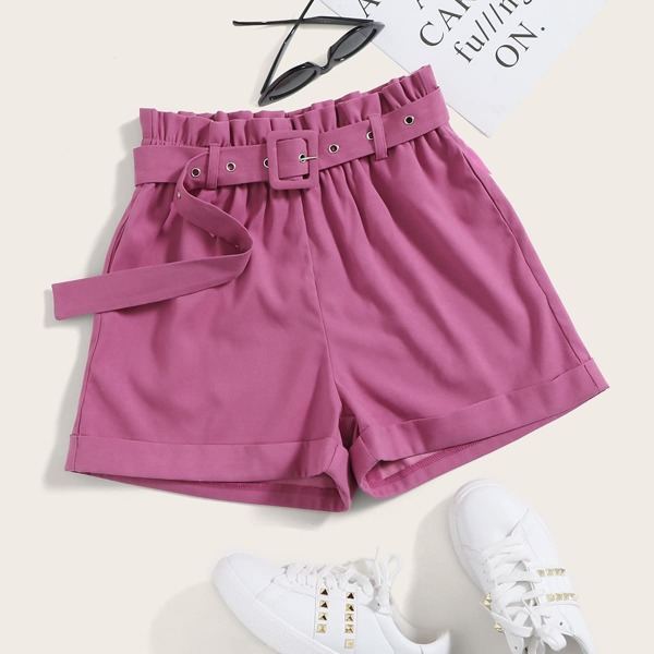 

Paperbag Waist Belted Cuffed Shorts, Pink