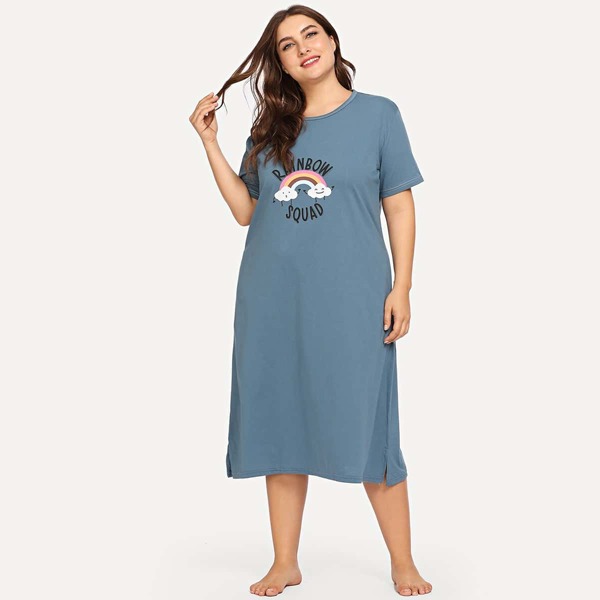 

Plus Cartoon Rainbow And Slogan Graphic Nightdress, Blue