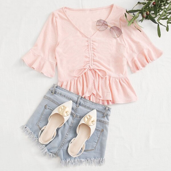 

Drawstring Ruched Front Ruffle Trim Jacquard Top, Pink pastel
