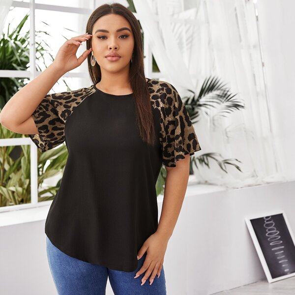 

Plus Contrast Leopard Raglan Sleeve Blouse, Black